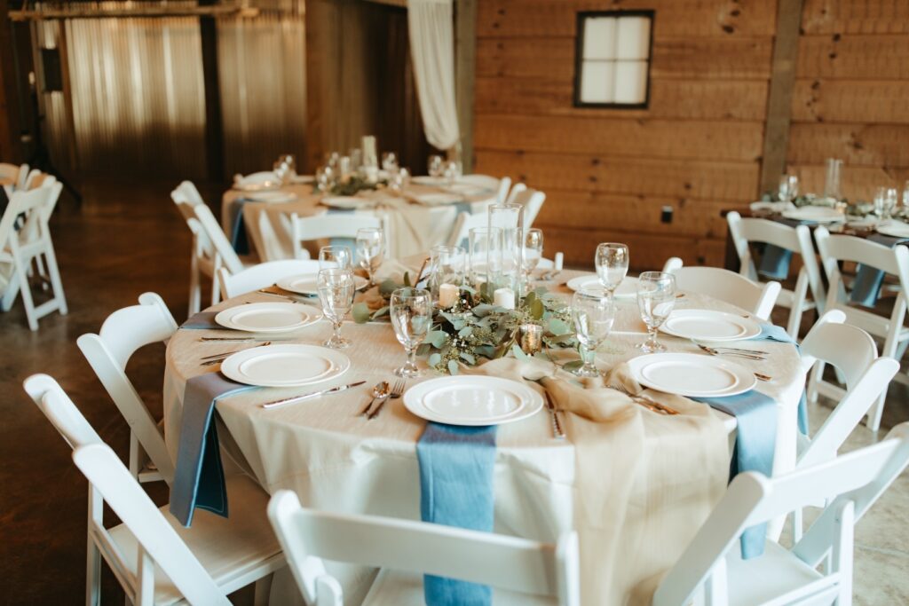wedding color palette blue and cream table
